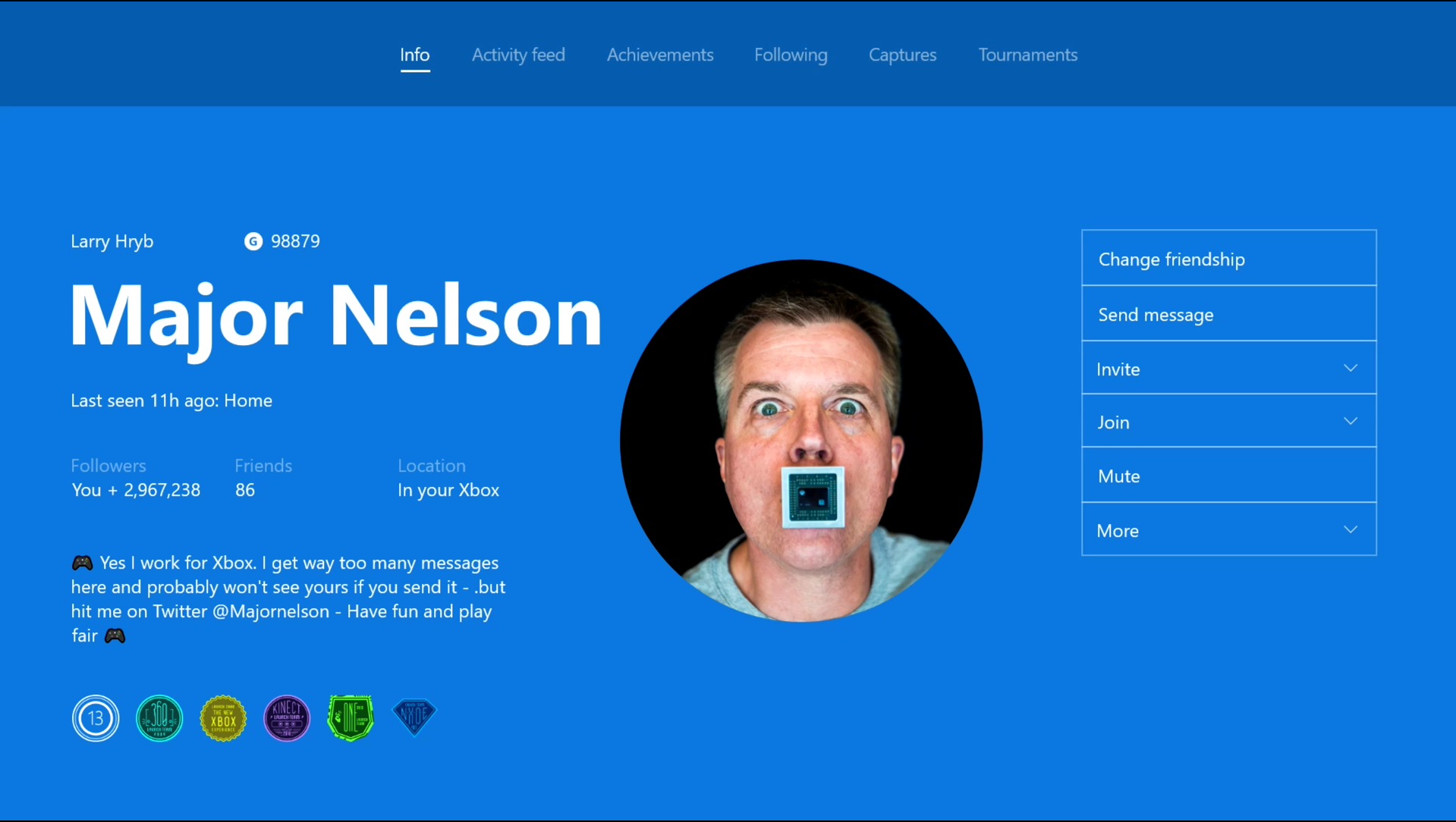 Xbox's Major Nelson shows off the new custom profile picture feature.