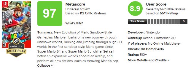 metacritic on X: Super Mario Odyssey (Switch):   EDGE (10/10) Our hero has been furnished with his most expansive moveset  to date.  / X