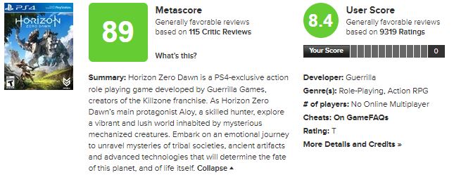 Metacritic - HORIZON: ZERO DAWN [PS4 - 89] **PC Complete