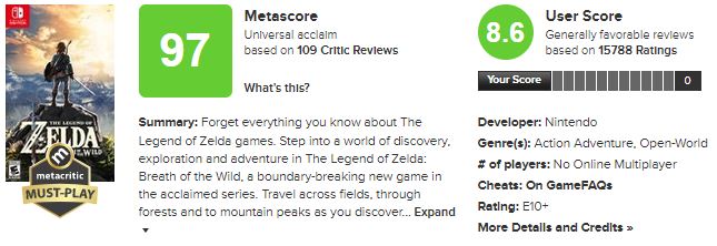 The Legend of Zelda Breath of the Wild Metacritic score and why I