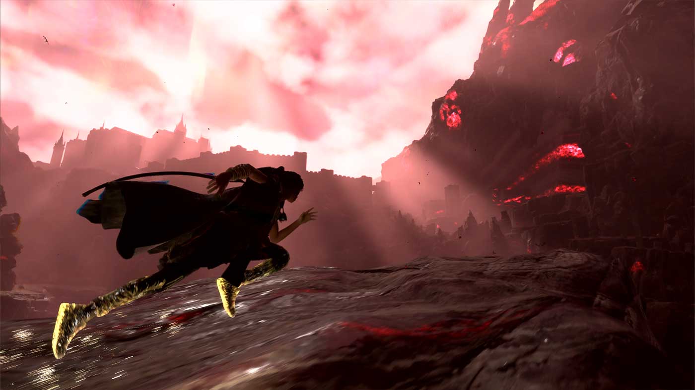 From a sideon perspective, Forspoken's protagonist Frey uses her magic parkour to dash across a desolate landscape.