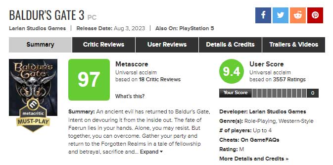 Baldur's Gate 3 beats TotK to become highest-rated game on