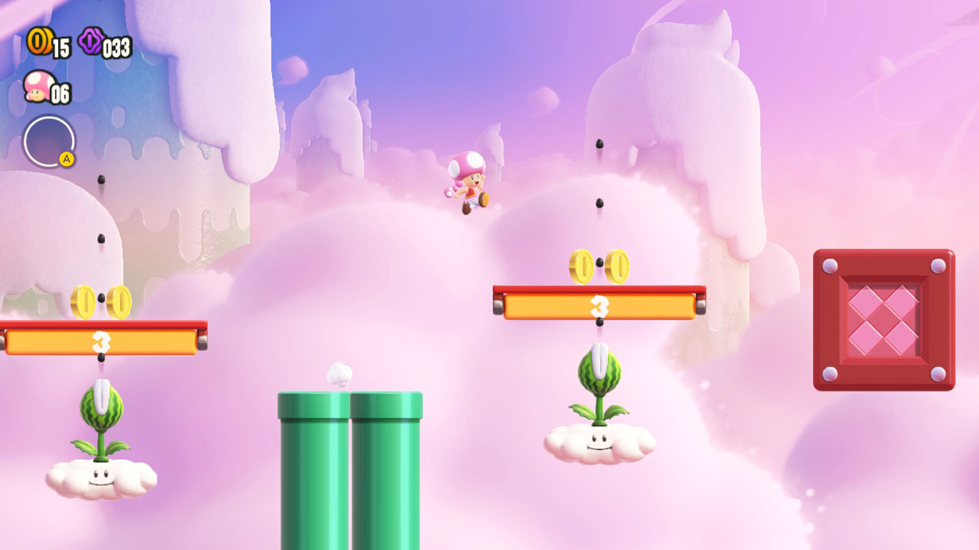 Super Mario Bros. Wonder Review - Toadette Dodges Watermelon Seed Spitting Piranha Plants In The Clouds