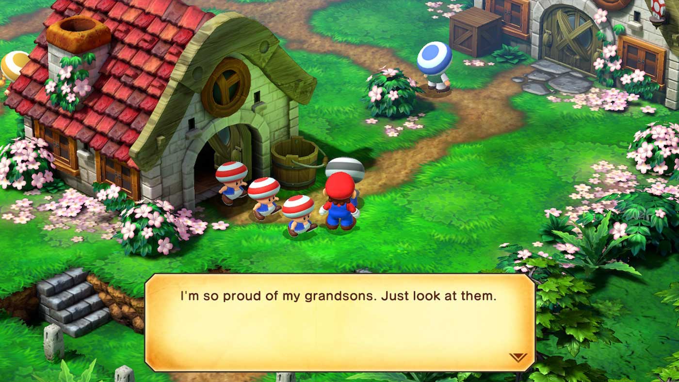 Super Mario RPG Review - Mario Speaks To A Toad Who Shows Off His Grandsons