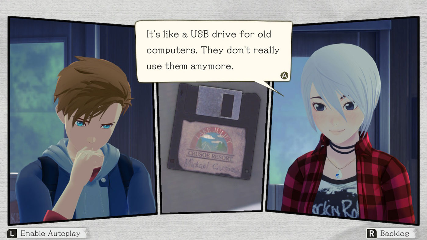 Another Code: Recollection Review - Ashley and Michael Looking At A Floppy Disk