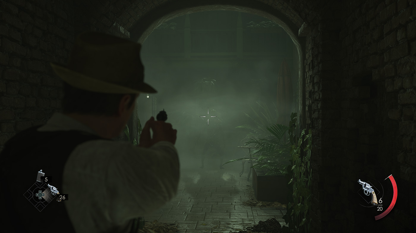 Alone In The Dark Remake Review - Edward Carnby Aims Down A Tunnel Through Fog Against An Enemy