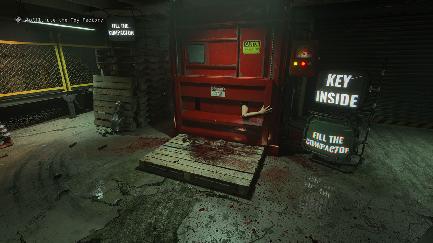 The Outlast Trials Review - Compactor in the Toy Factory Entrance