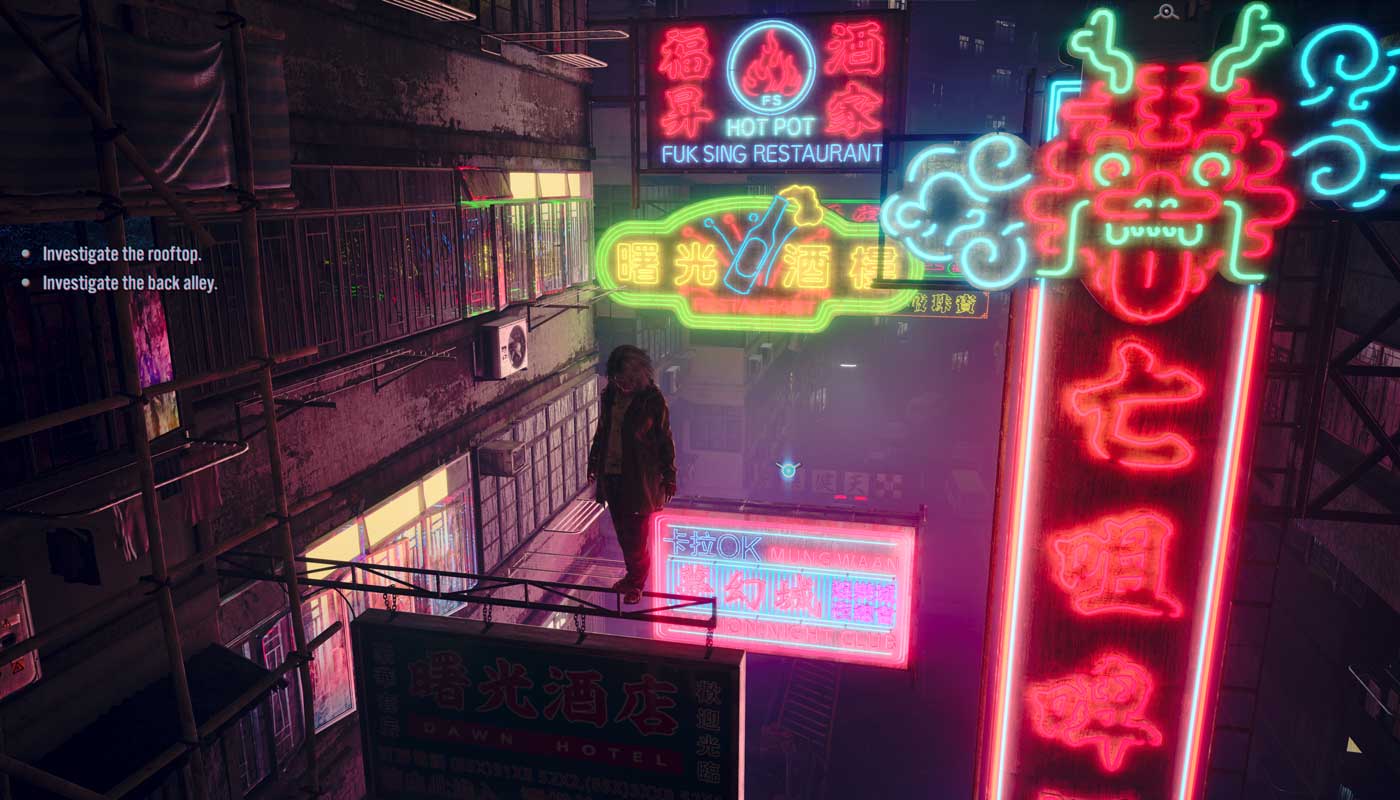 Slitterhead Review - Edo Stands Atop A Neon Sign In Kowlong