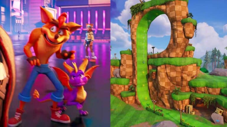 Crash Bandicoot and Spyro in Fortnite with Sonic map change.