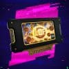 Gaming device displaying Fortnite Override logo with digital background.
