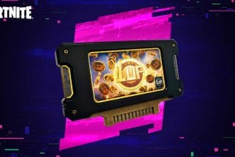 Gaming device displaying Fortnite Override logo with digital background.