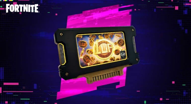 Gaming device displaying Fortnite Override logo with digital background.