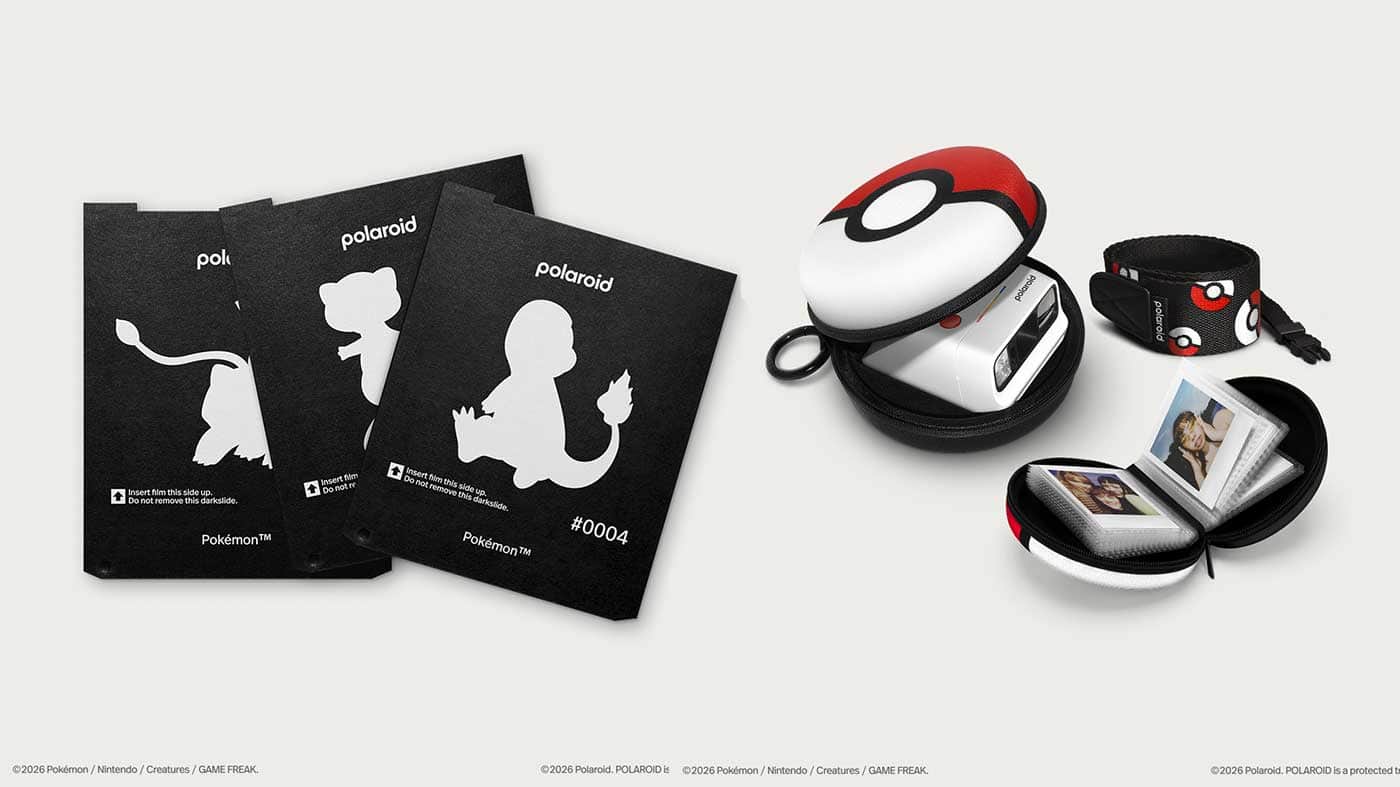 Pokemon Polaroid collection with cards and camera accessories.