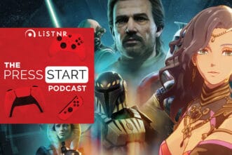 Podcast cover featuring game characters and a red Press Start logo.