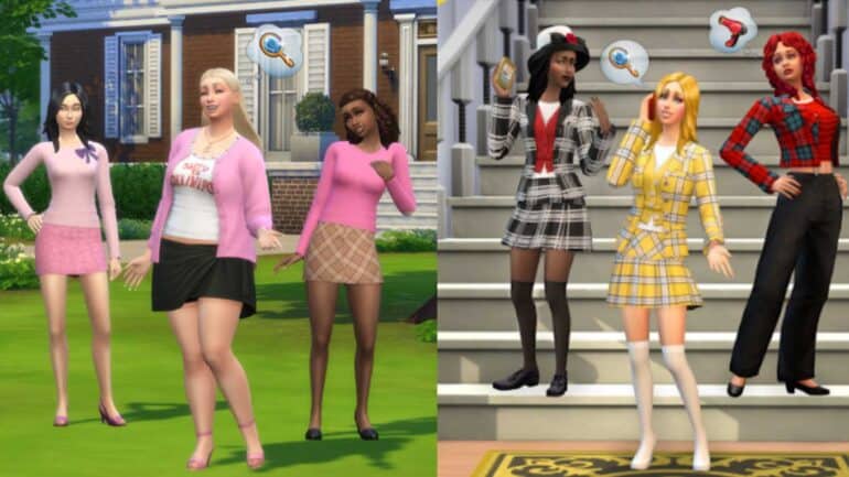 The Sims 4 characters in Mean Girls and Clueless-inspired outfits.