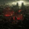 Post-apocalyptic cityscape with soldiers amid destruction and fires.