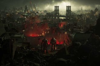 Post-apocalyptic cityscape with soldiers amid destruction and fires.