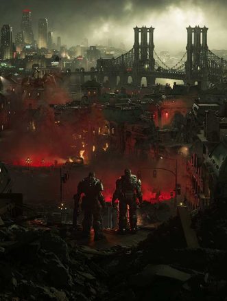 Post-apocalyptic cityscape with soldiers amid destruction and fires.