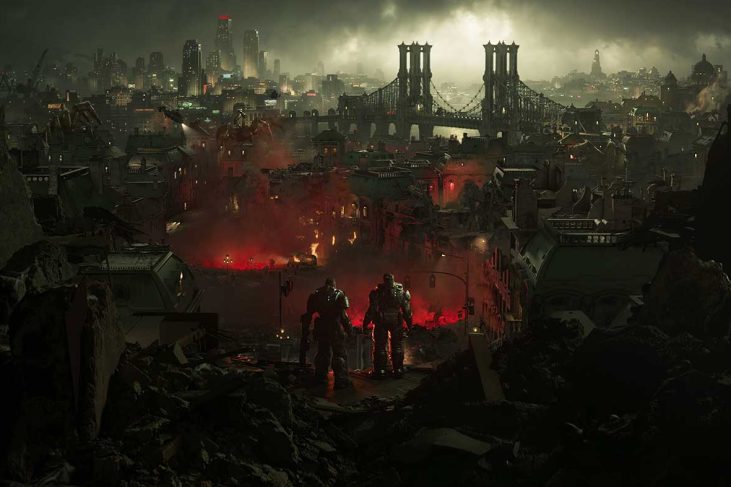 Post-apocalyptic cityscape with soldiers amid destruction and fires.