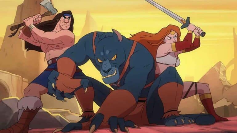 Animated characters from Golden Axe series with weapons in a fantasy setting.