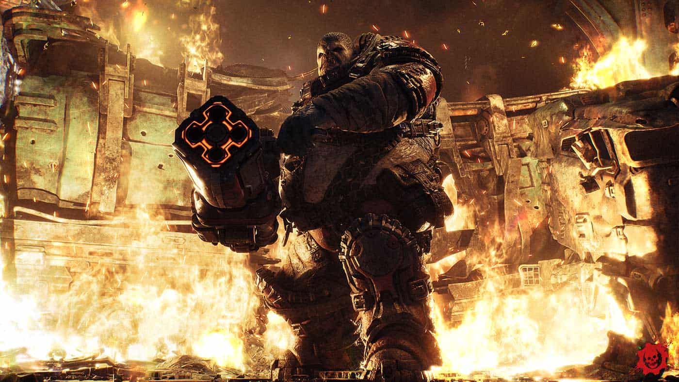 Intense Gears Of War scene with soldier amidst explosions and fire.