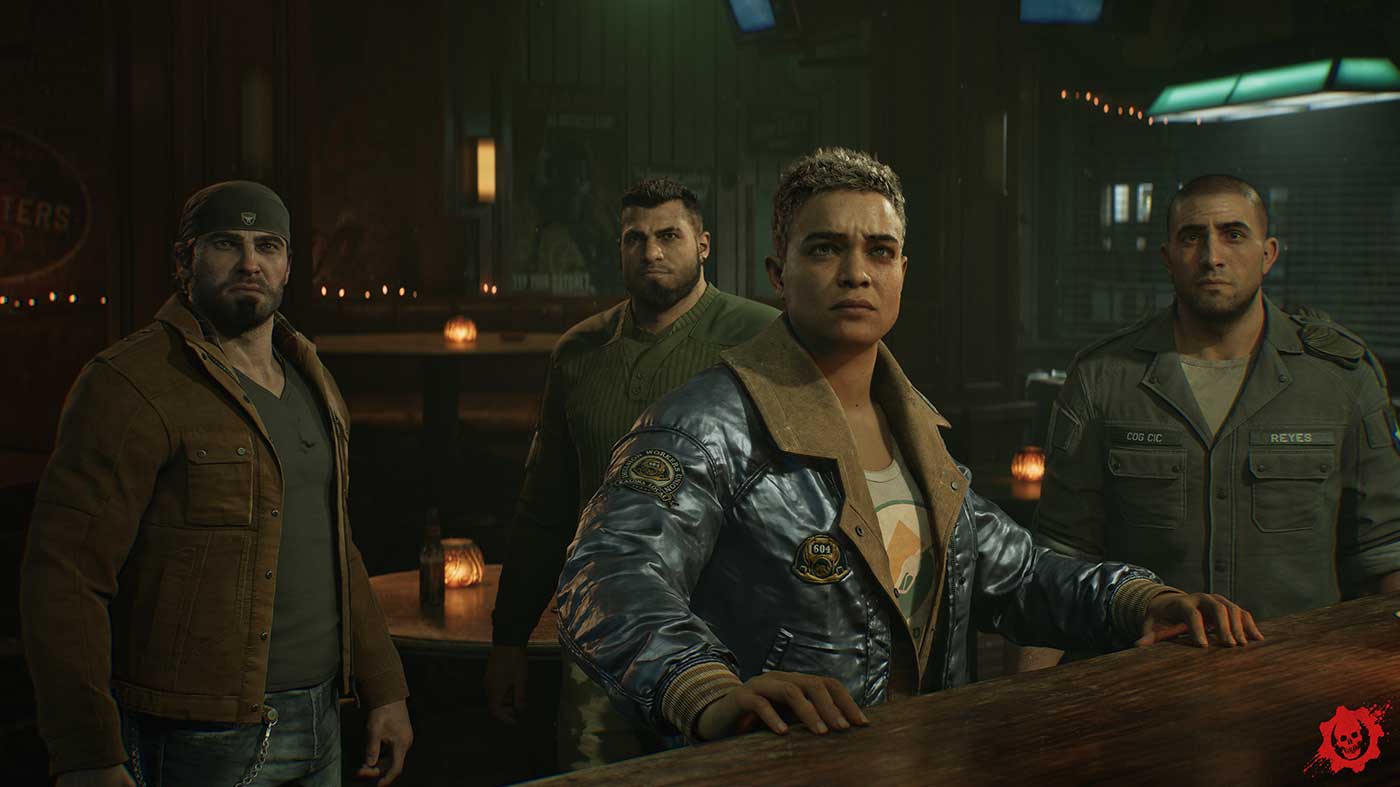 Four soldiers in a bar from Gears Of War E-Day campaign preview.