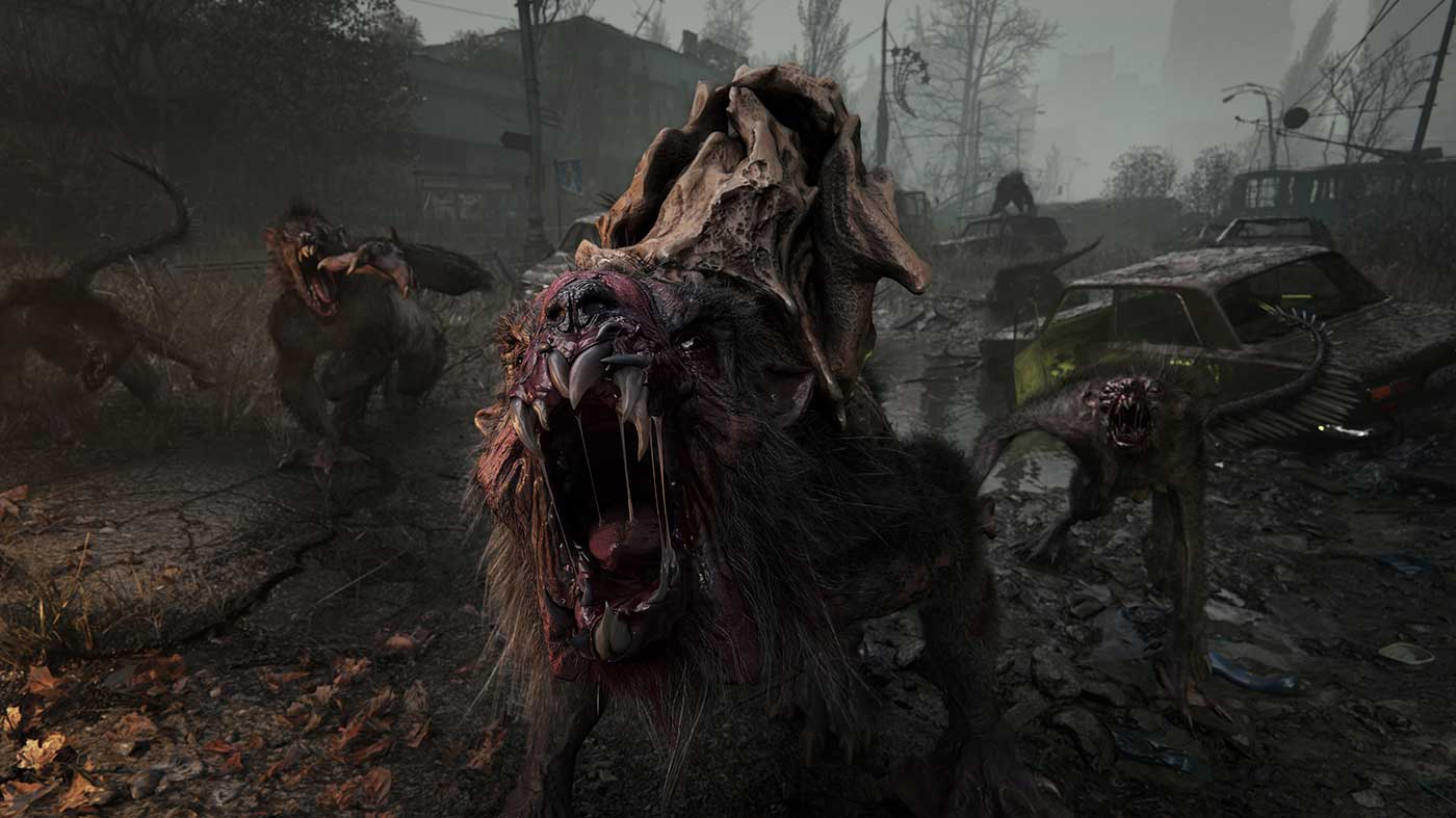 Feral zombie creature with open mouth and sharp teeth in a ruined landscape.
