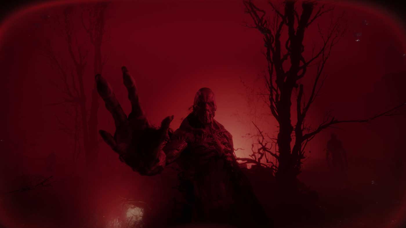 Zombie reaching out in a dark, eerie forest with red lighting.