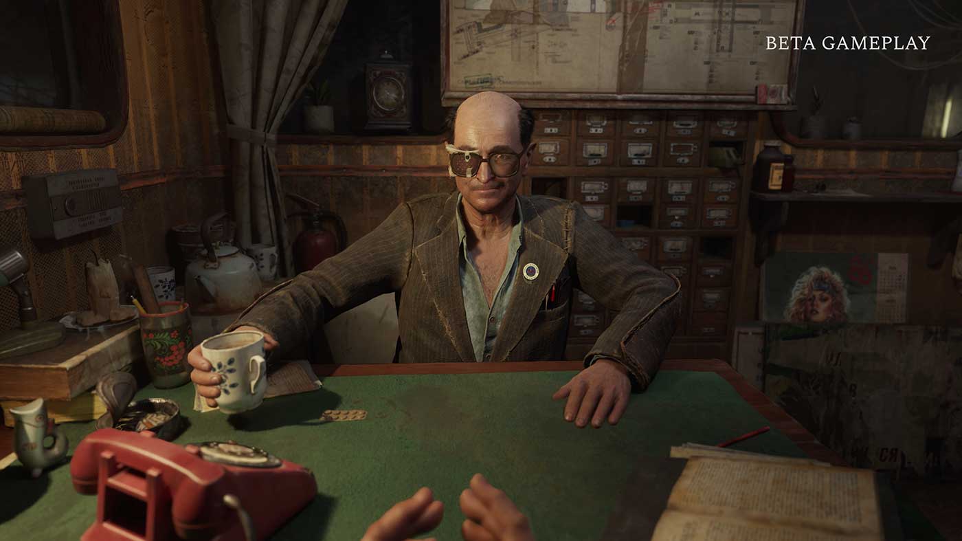 Retro gaming scene with a man at a desk in a vintage room.