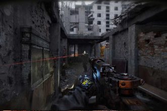 First-person shooter game scene with laser targeting in a ruined city.