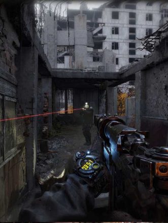 First-person shooter game scene with laser targeting in a ruined city.