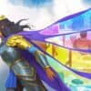 Fantasy game artwork featuring a regal female character with flowing cape and crown.