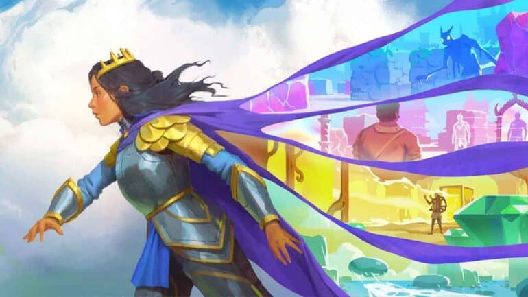 Fantasy game artwork featuring a regal female character with flowing cape and crown.